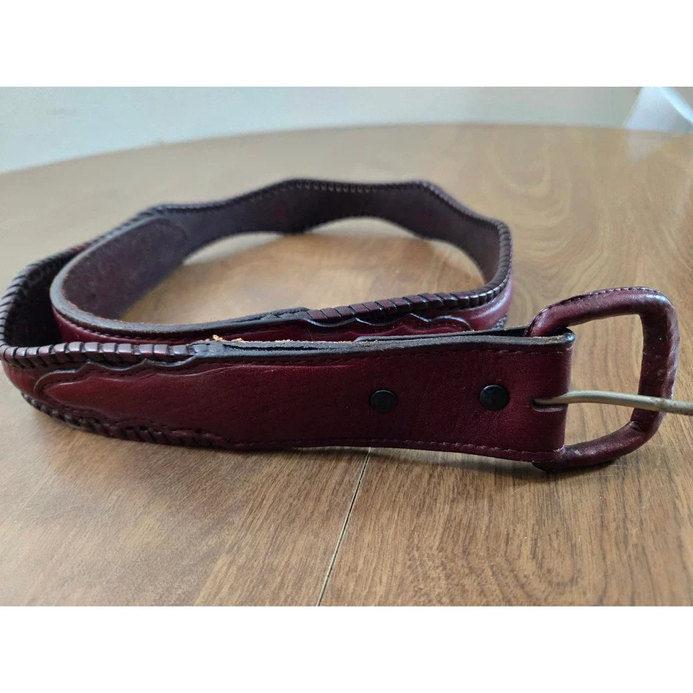 Mens Western Leather Belt Tooled Buckle‎ Brown Vintage Style